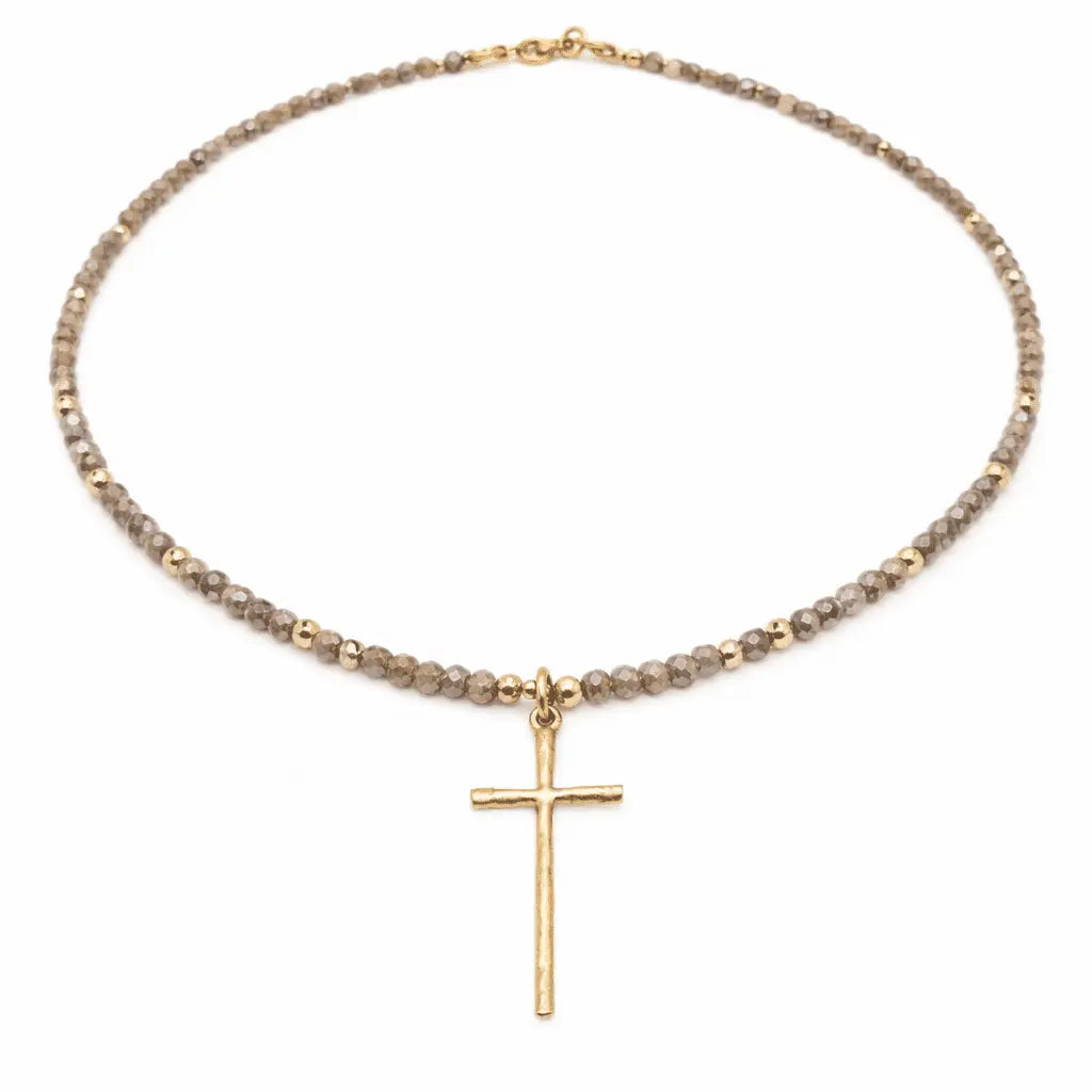 Gold prayer cross necklace with champagne crystal beads, crafted by Erin Gray, elegant religious jewelry accessory