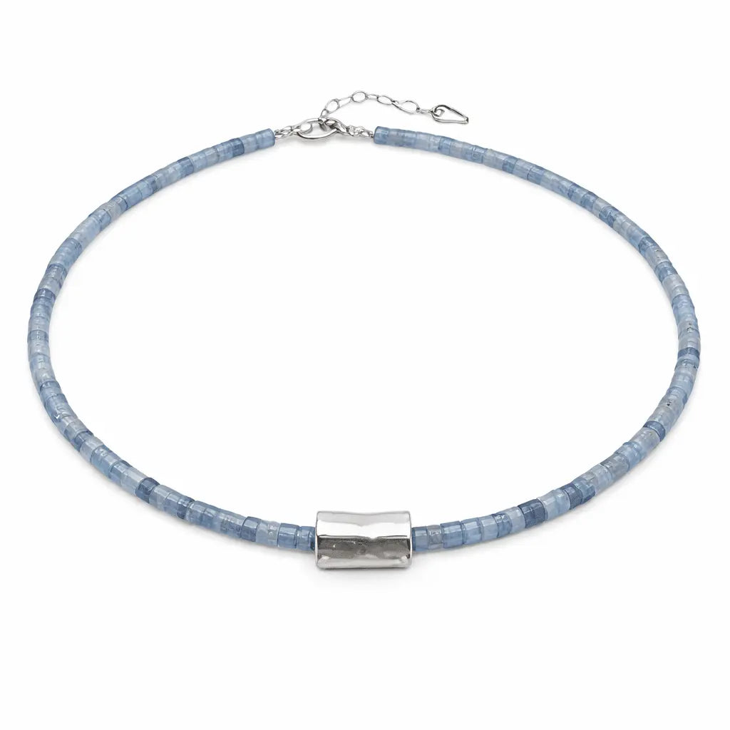Heishi matte silver barrel necklace with aquamarine beads, featuring a stylish jewelry design by erin gray.