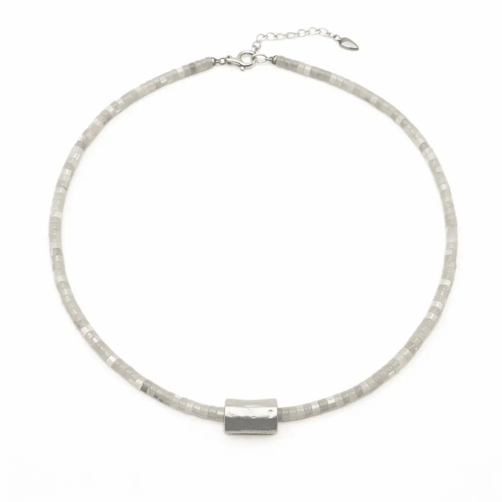 Heishi matte silver barrel necklace with white mother of pearl beads, featuring a sleek, modern jewelry design by erin gray.