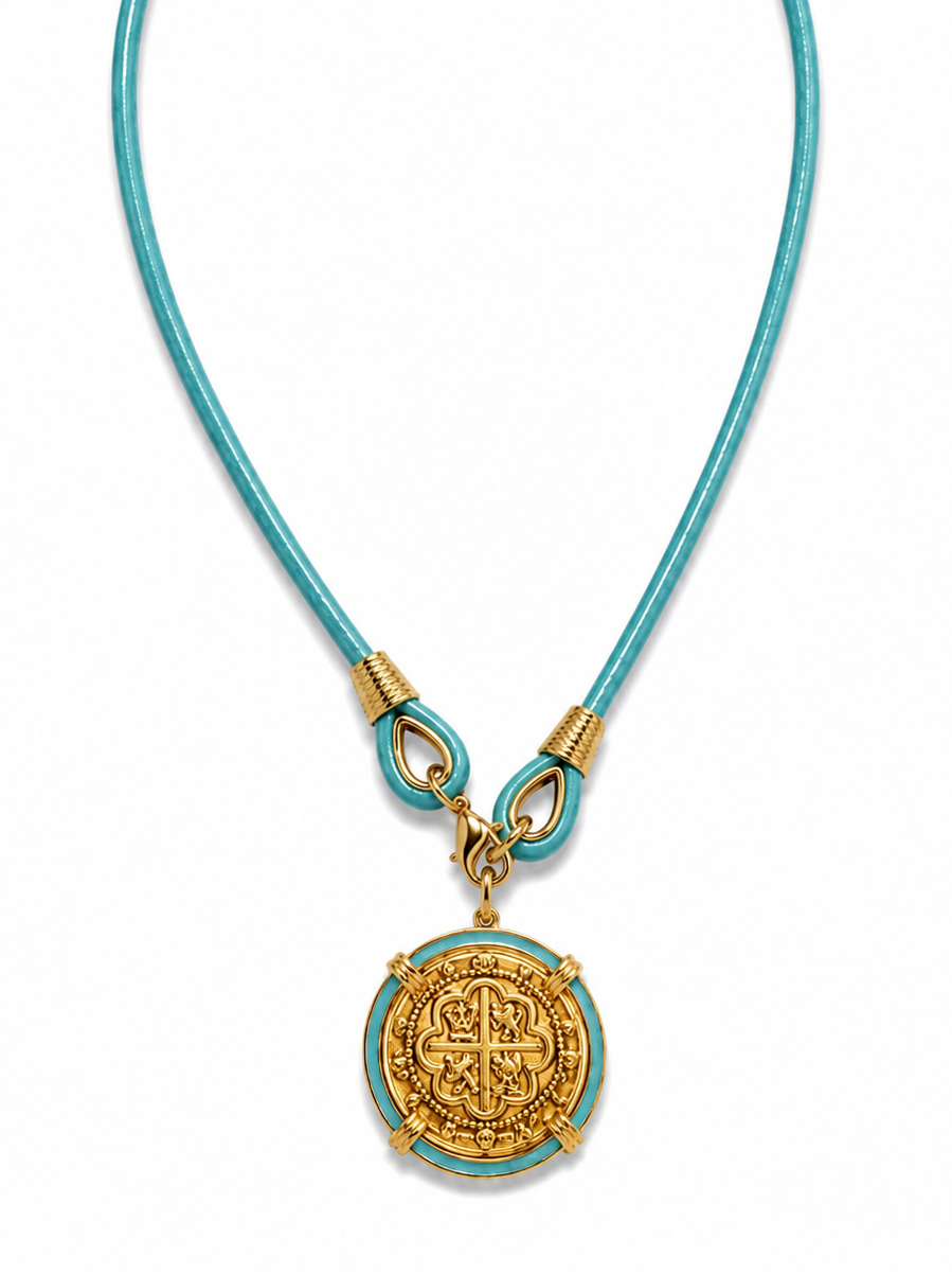 The Voyager Gold Coin Necklace in Light Blue erin gray