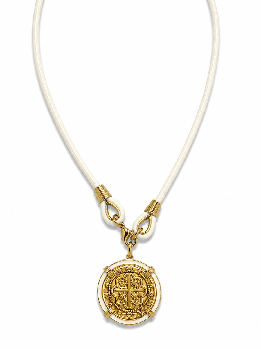 The Voyager Gold Coin Necklace in White erin gray