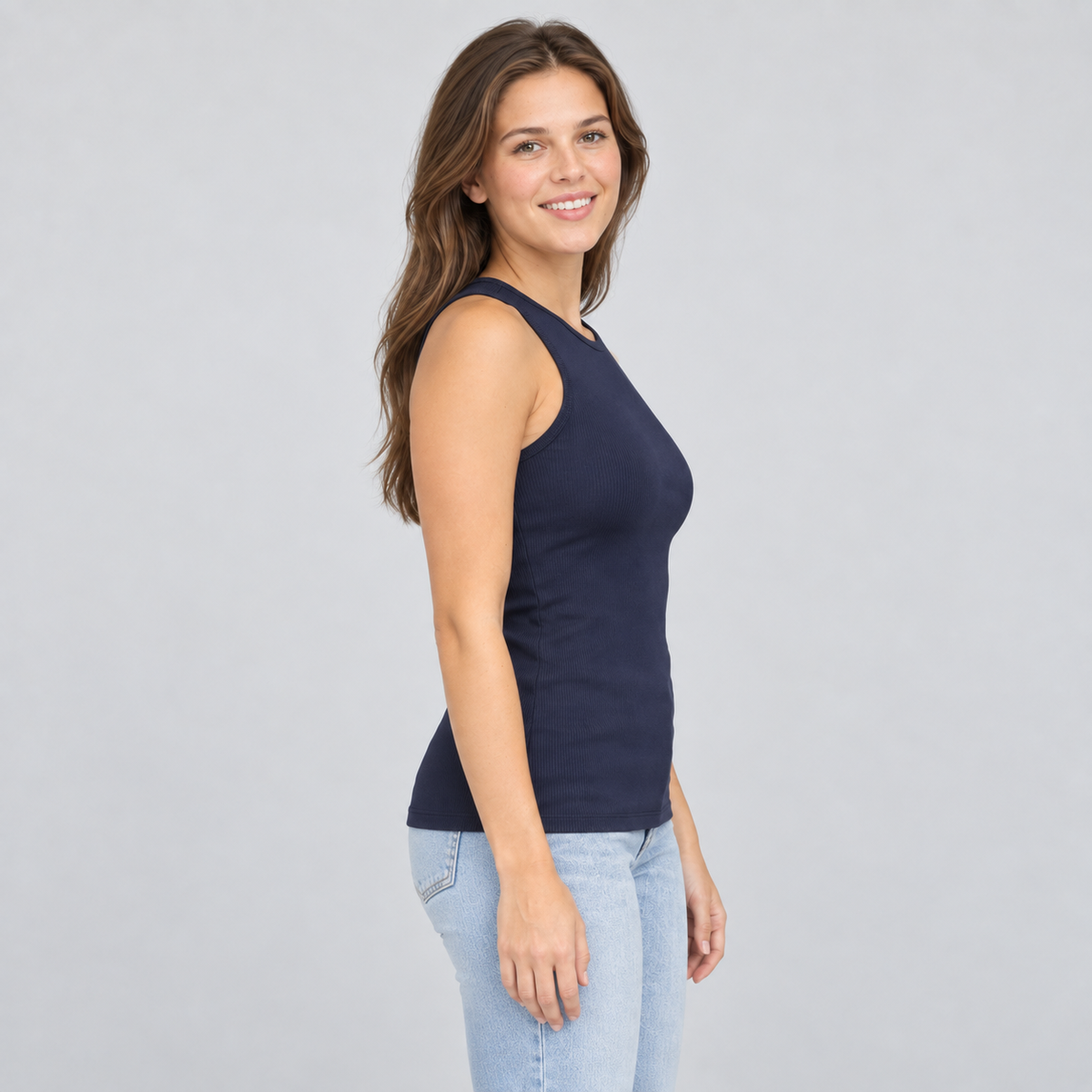 Luxe Elevated Ribbed High Neck Tank in Navy erin gray