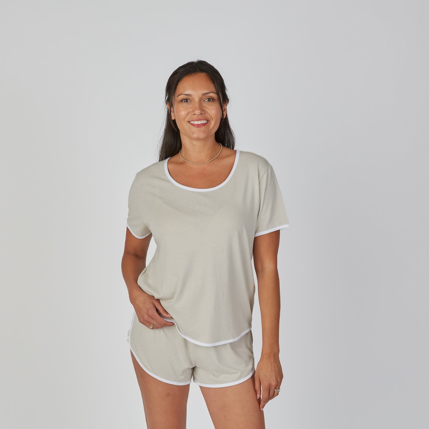 Perfect Cotton Modal Pajama Shorts Set in Oyster erin gray