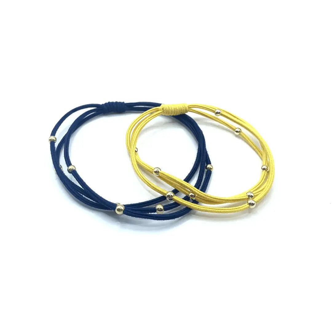Gold and navy waterproof hair bands by erin gray, 3mm water pony bracelet style hair accessories, set of 12.
