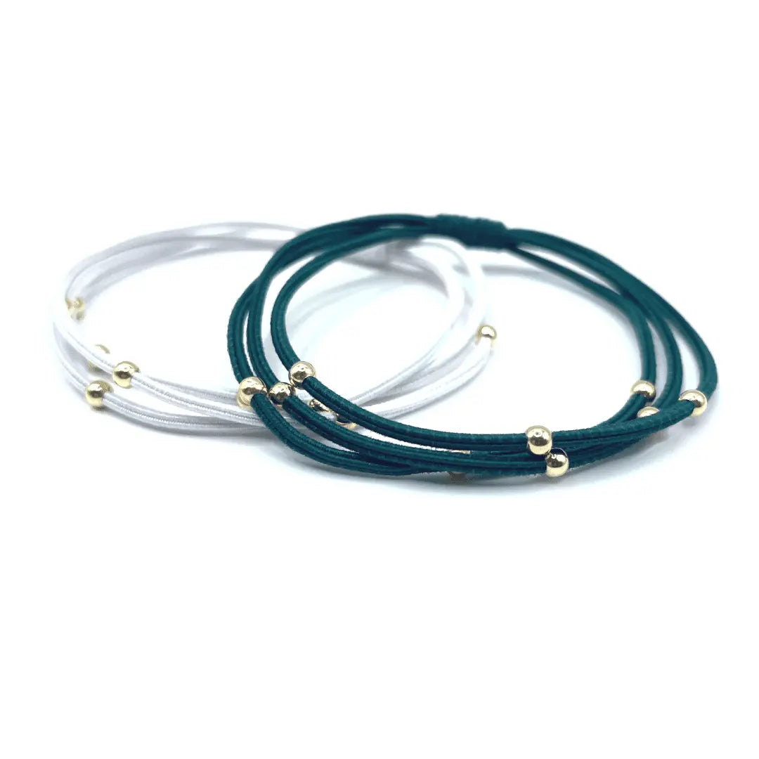 Erin Gray 3mm gold water pony waterproof bracelet hair bands in green and white, versatile hair accessory for styling.