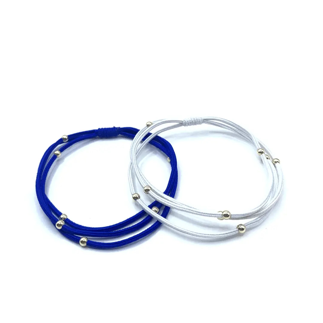 Erin Gray 3mm gold water pony waterproof bracelet hair bands in royal blue and white, stylish hair accessory for all-day wear