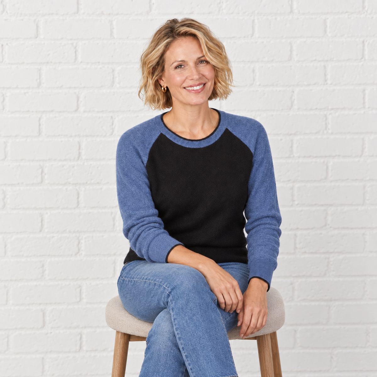 Cashmere Raglan Sweater in Black with Blue Sleeves erin gray