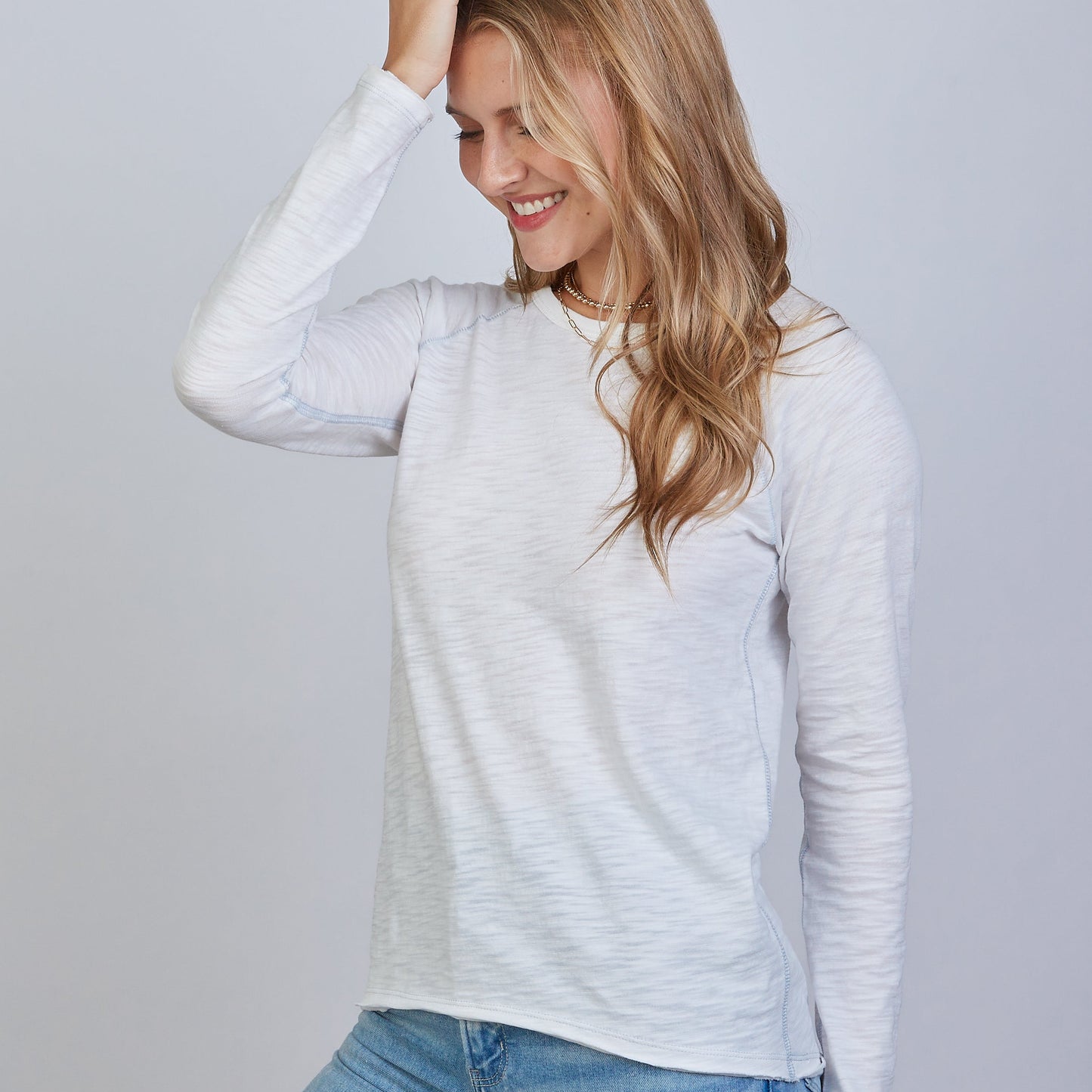Raglan Long Sleeve Crew in Ivory with Dusty Blue Accent Stitching