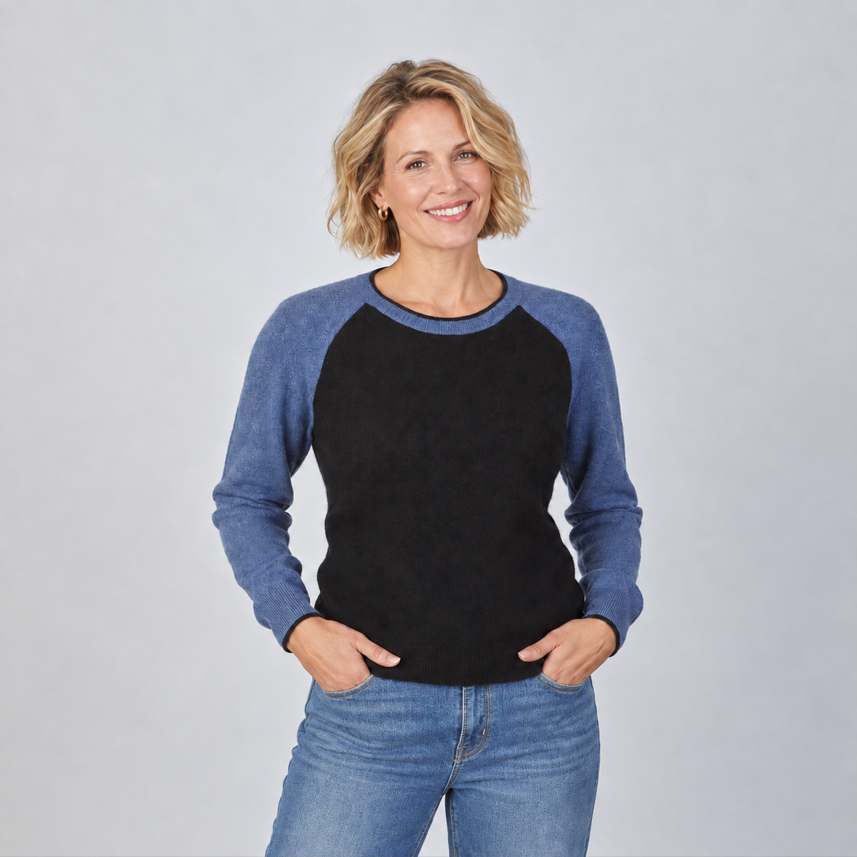 Cashmere Raglan Sweater in Black with Blue Sleeves erin gray