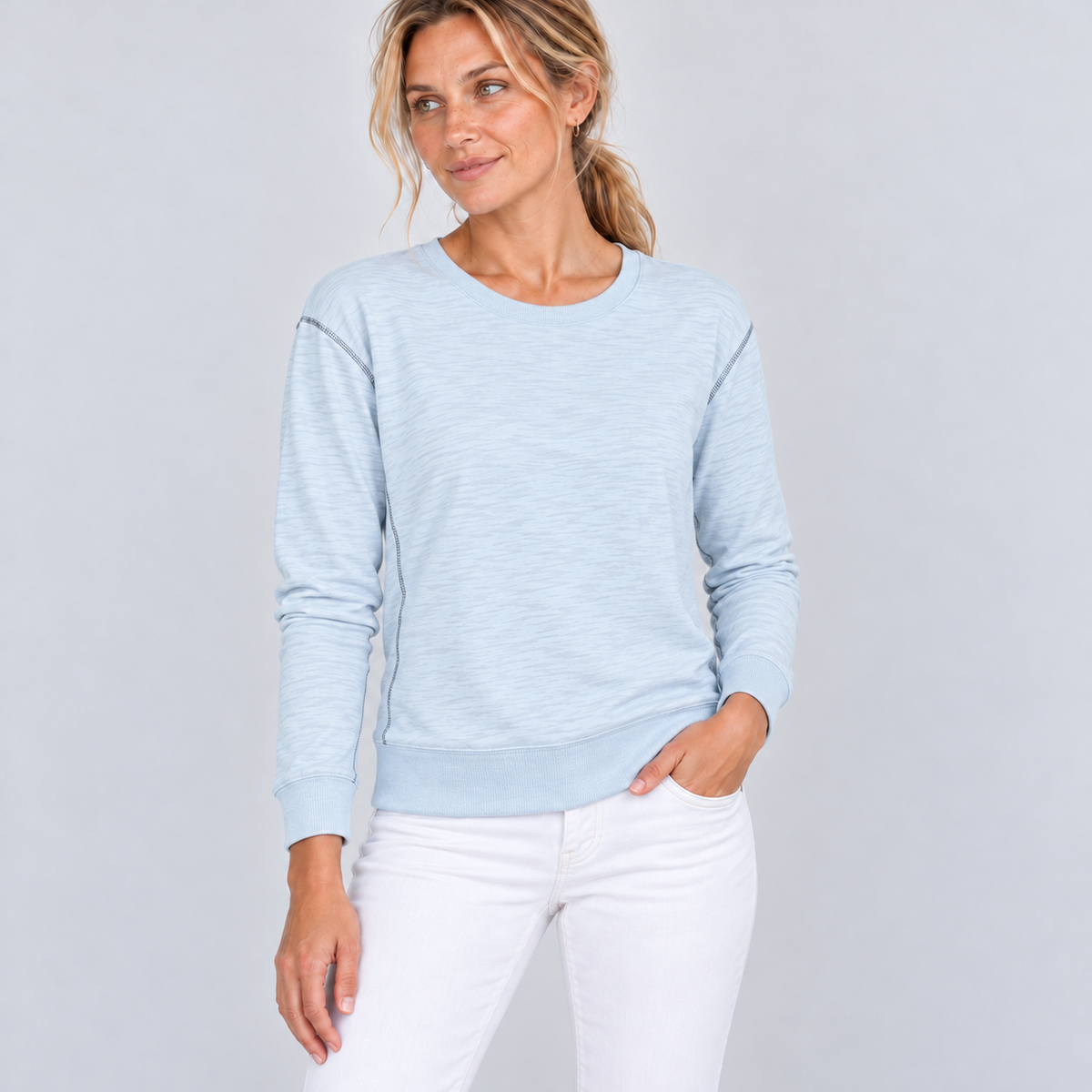 Riviera Slub Tee in Sky with Charcoal Stitch erin gray