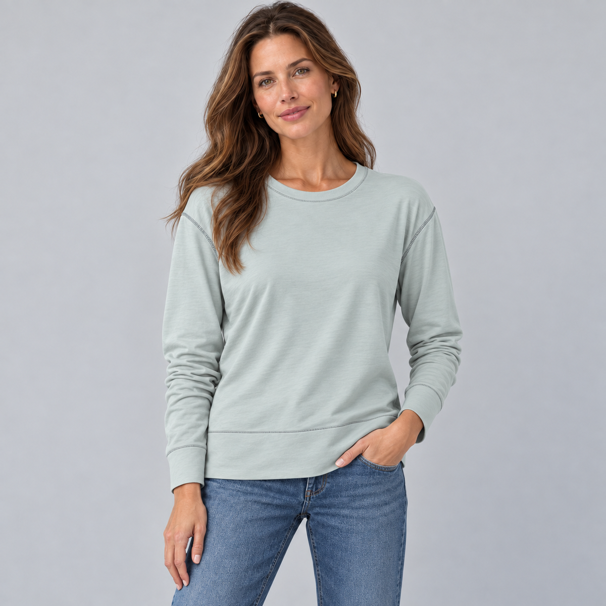 Studio Tee in Sea Glass Blue and White - Long Sleeve erin gray