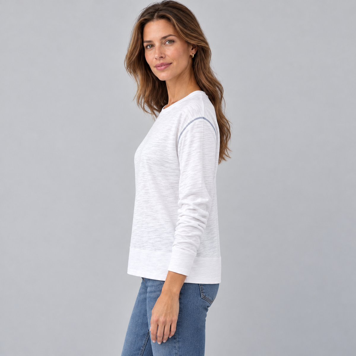 Riviera Slub Tee in White with Blue Stitch - Long Sleeve erin gray