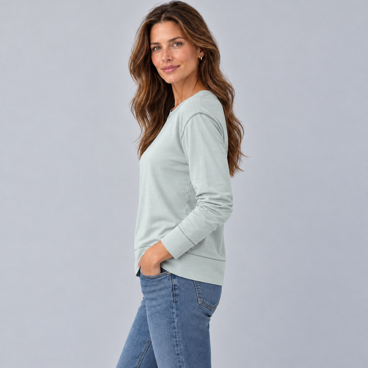 Studio Tee in Sea Glass Blue and White - Long Sleeve erin gray