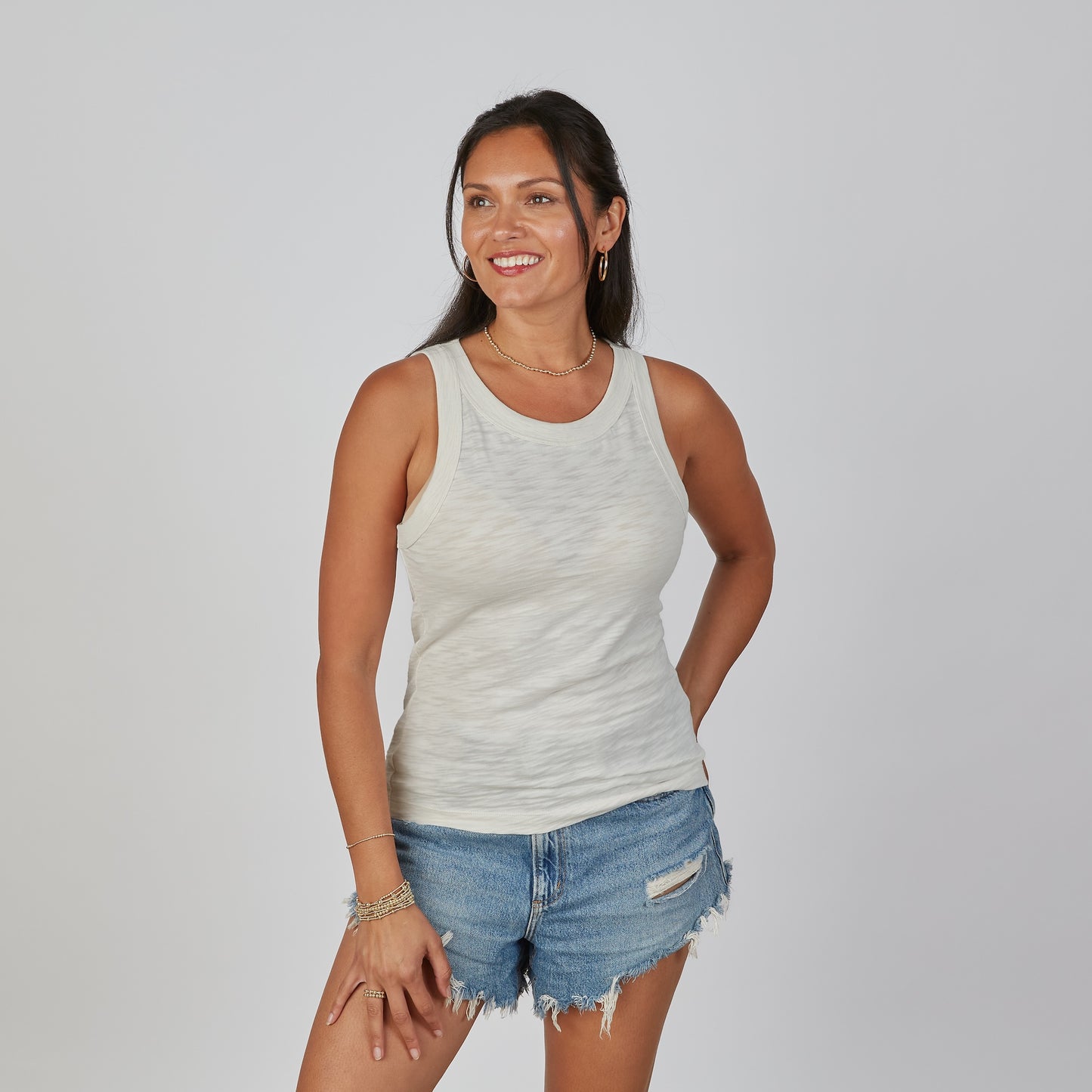 Everyday High Neck Cotton Tank in Linen erin gray