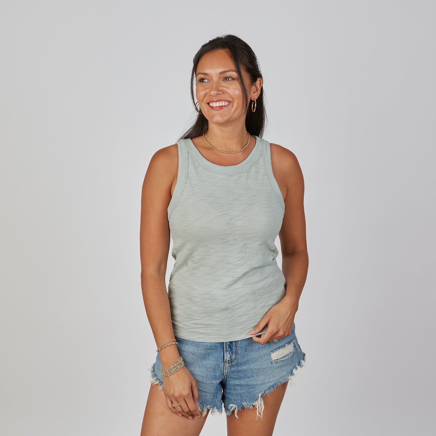 Everyday High Neck Cotton Tank in Sea Glass Blue erin gray