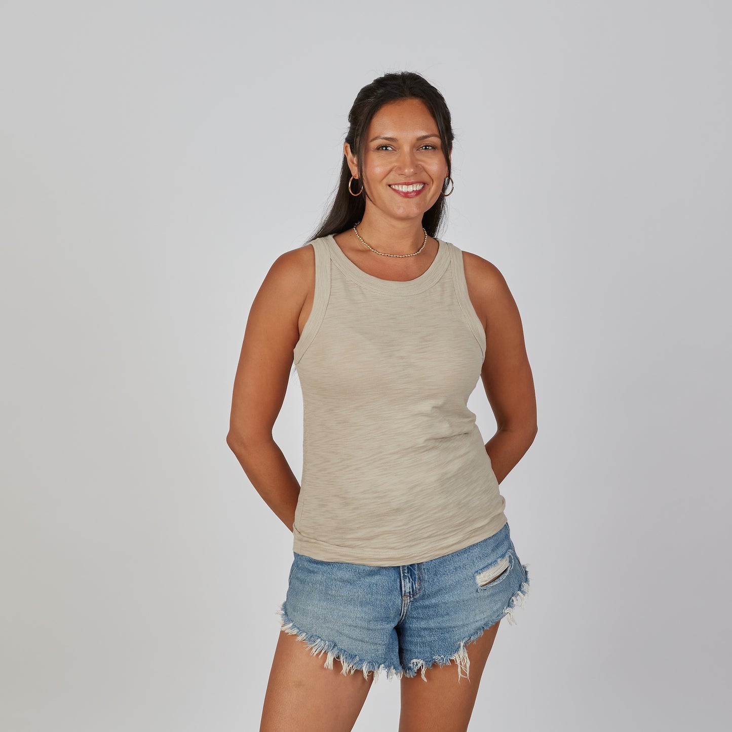 Everyday High Neck Cotton Tank in Washed Taupe erin gray