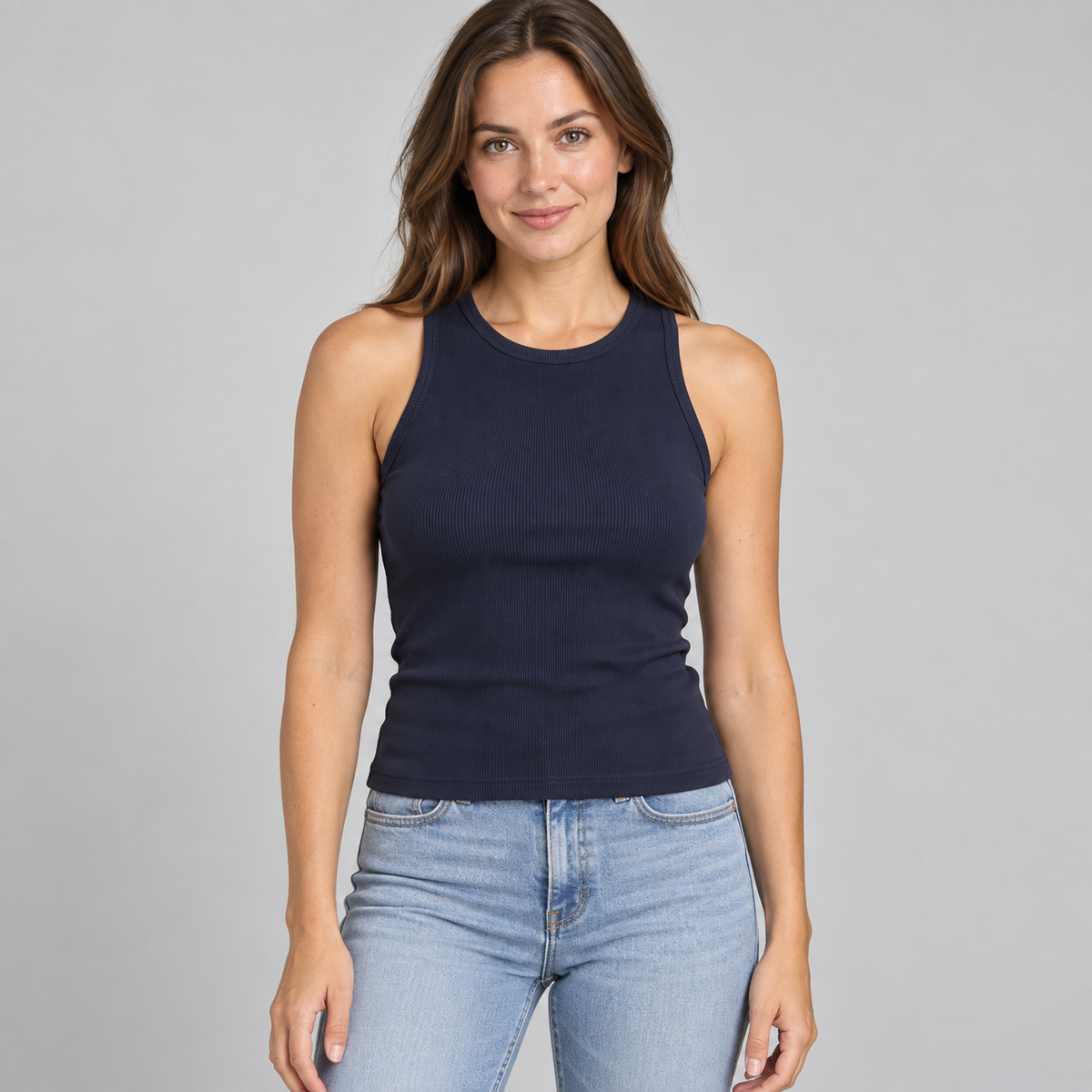 Luxe Elevated "Perfect Length" Ribbed High Neck Tank in Navy erin gray