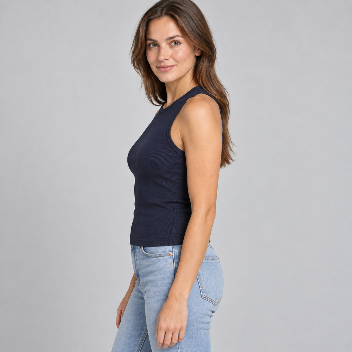 Luxe Elevated "Perfect Length" Ribbed High Neck Tank in Navy erin gray