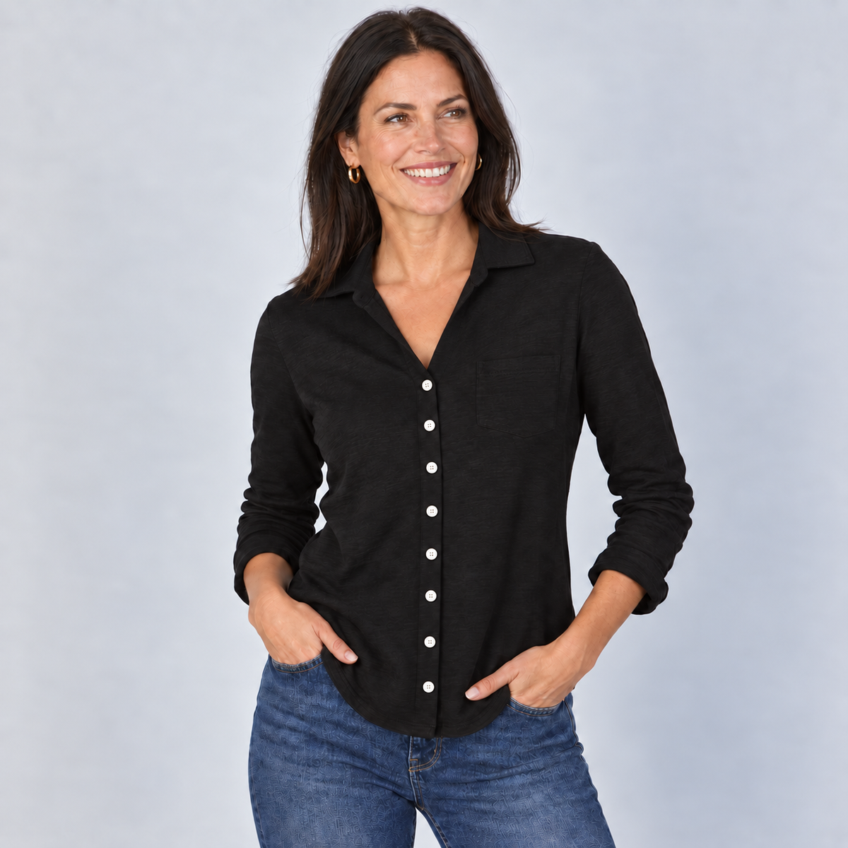 Alex Every Season Button Down Shirt in Black, model view 1