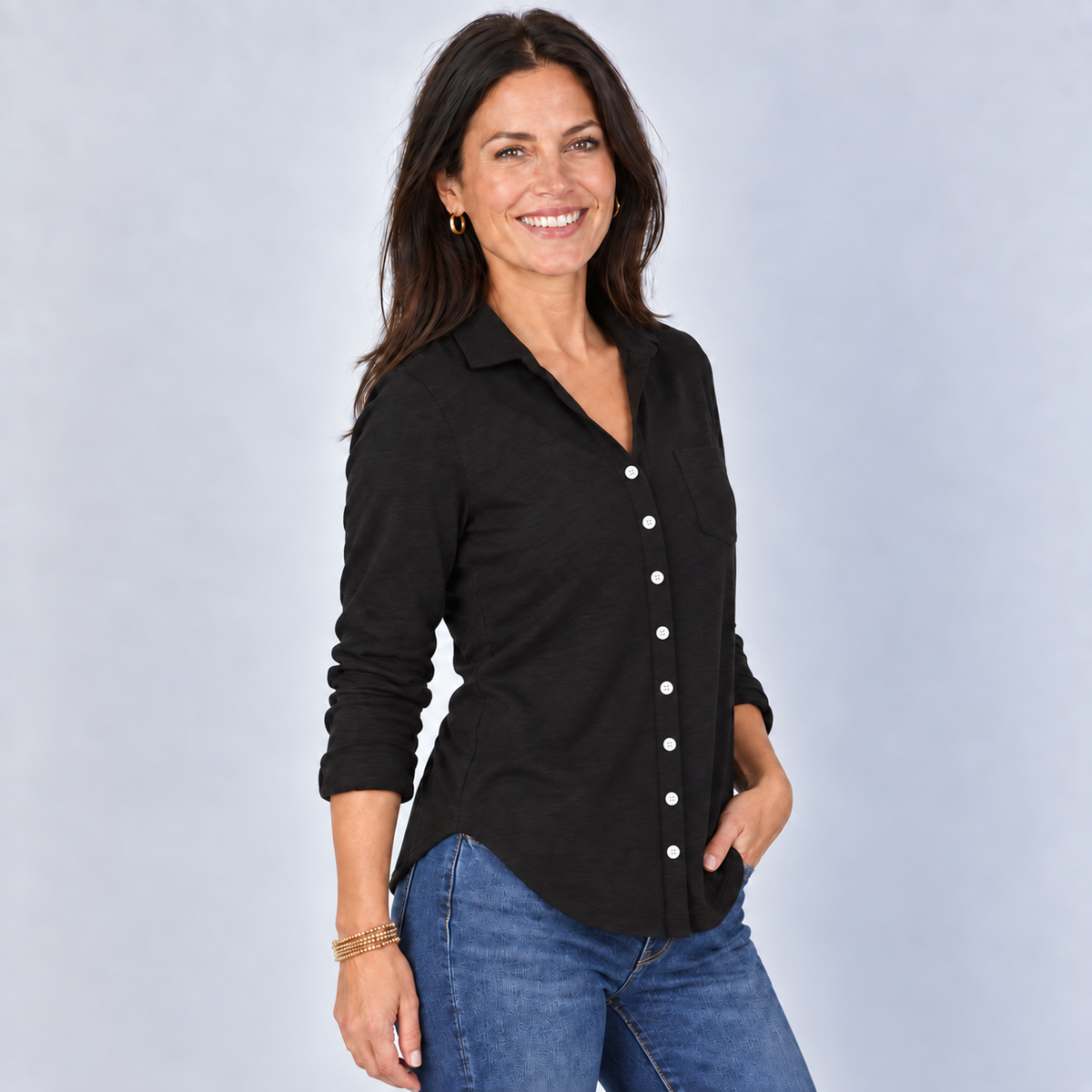 Alex Every Season Button Down Shirt in Black, model view 2