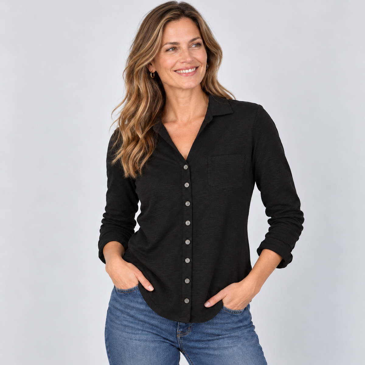 Alex Every Season Button Down Shirt Tee in Black erin gray