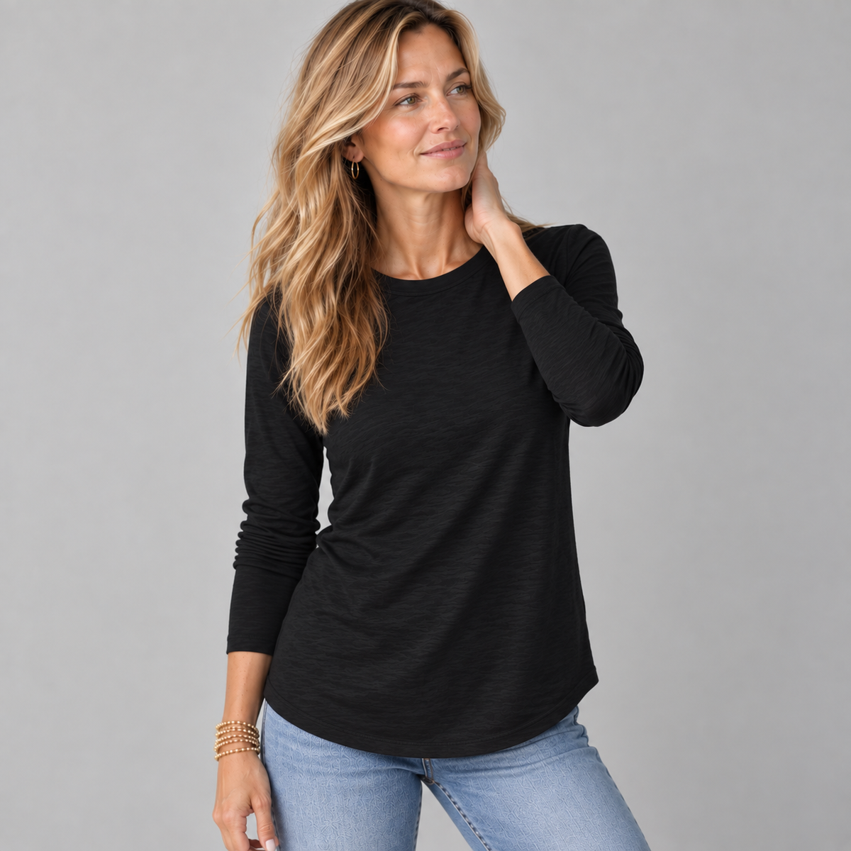 Long Sleeve CYA Crew in Black Pima Cotton Slub erin gray