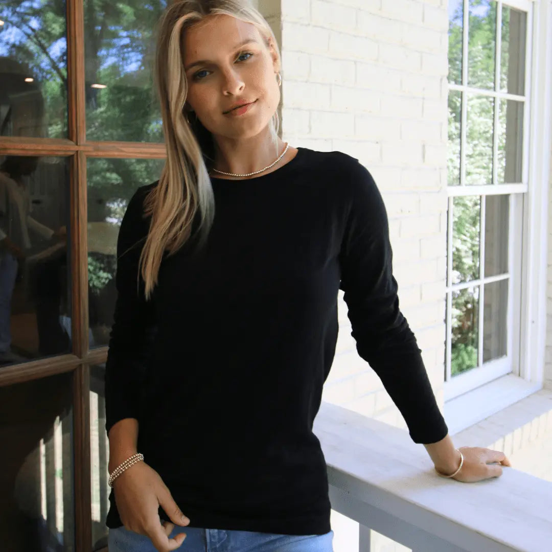 Black long sleeve CYA crew shirt by erin gray made of soft Pima cotton slub fabric, shown on a plain background.