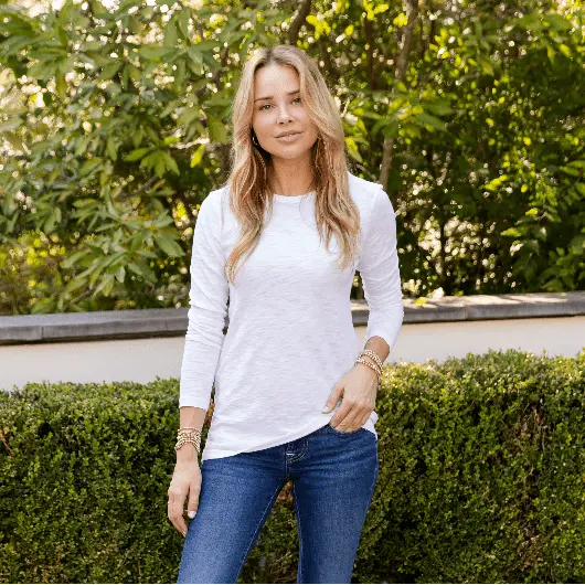White long sleeve CYA crew shirt by erin gray made from soft Pima cotton slub fabric, displayed on a hanger.