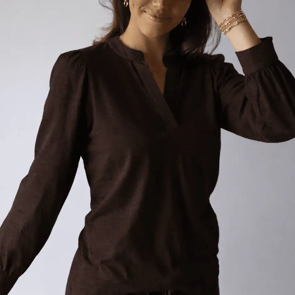 Long sleeve Dolly Top in espresso brown by erin gray, featuring a fitted design and soft fabric, styled on a model.