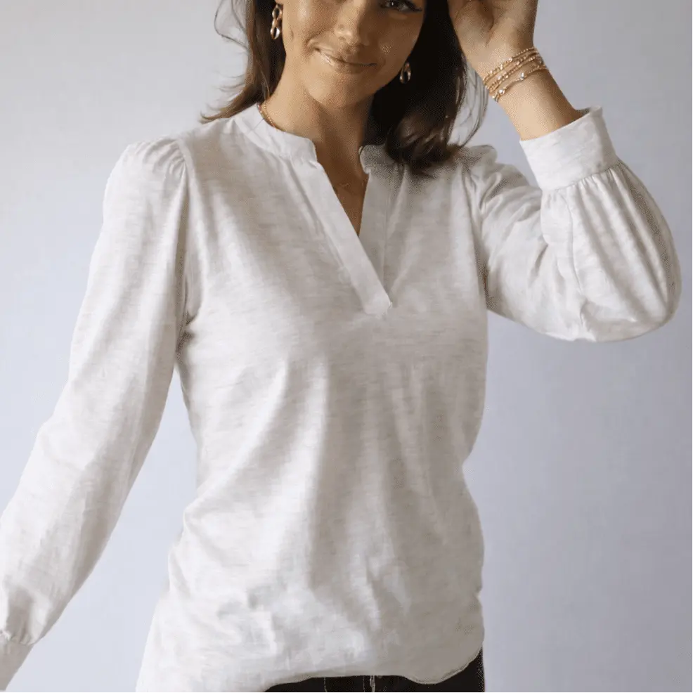 Erin Gray Dolly Top in linen with long sleeves, casual women's apparel featuring a relaxed fit and natural fabric texture.