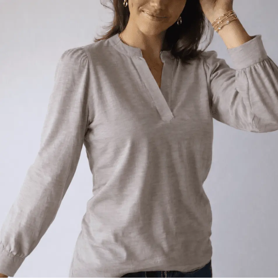 Long sleeve Dolly Top in washed taupe by erin gray, featuring a relaxed fit and soft fabric for casual, stylish wear.