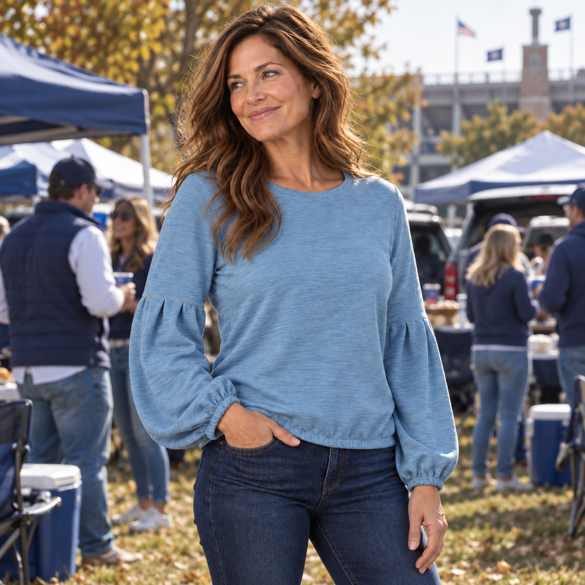 English Popover Top in Denim Blue - Long Sleeve erin gray