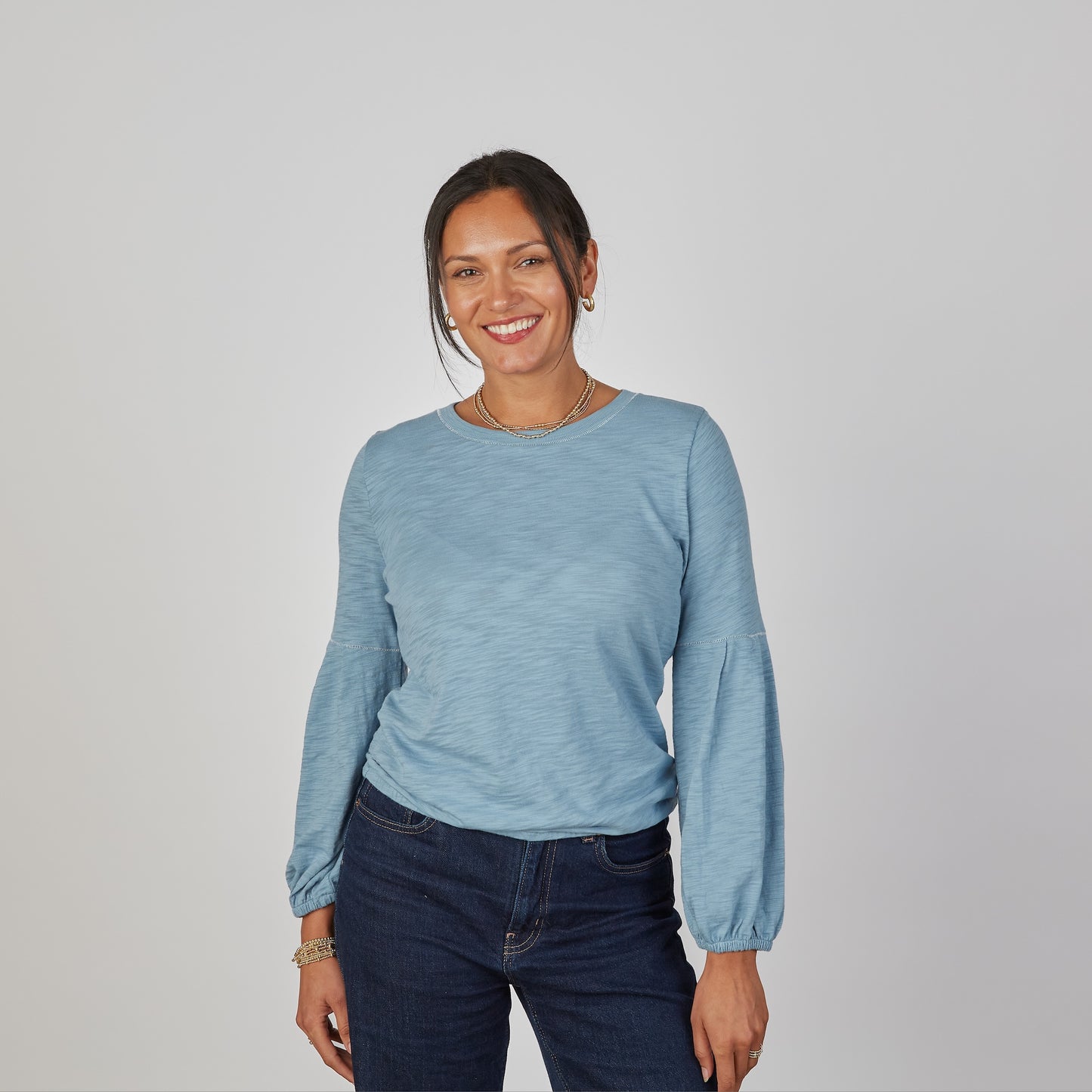 English Popover Top in Denim Blue - Long Sleeve erin gray