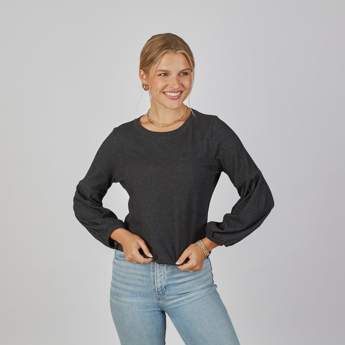 English Popover Top in Dark Heathered Gray- Long Sleeve erin gray