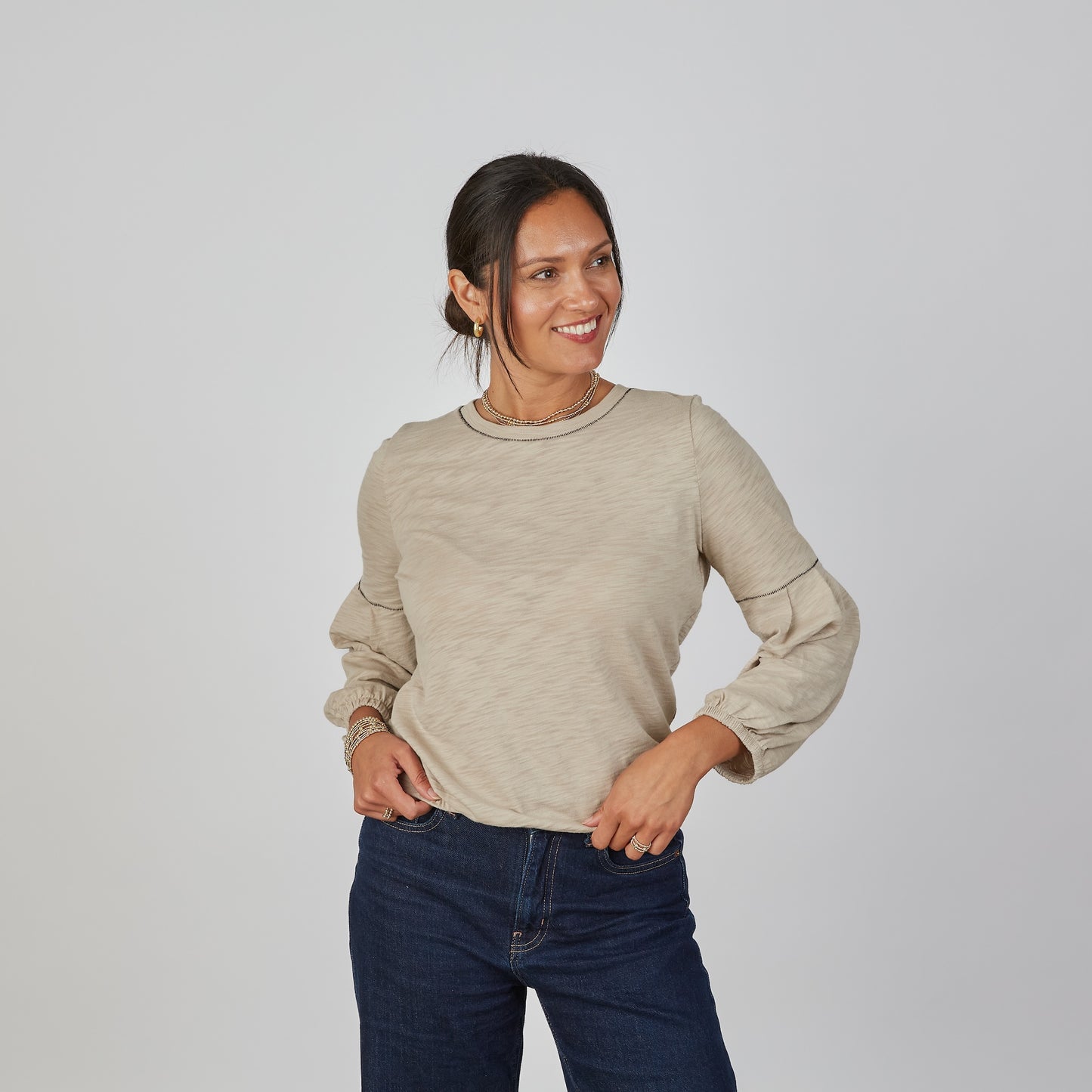 English Popover Top in Washed Taupe - Long Sleeve erin gray