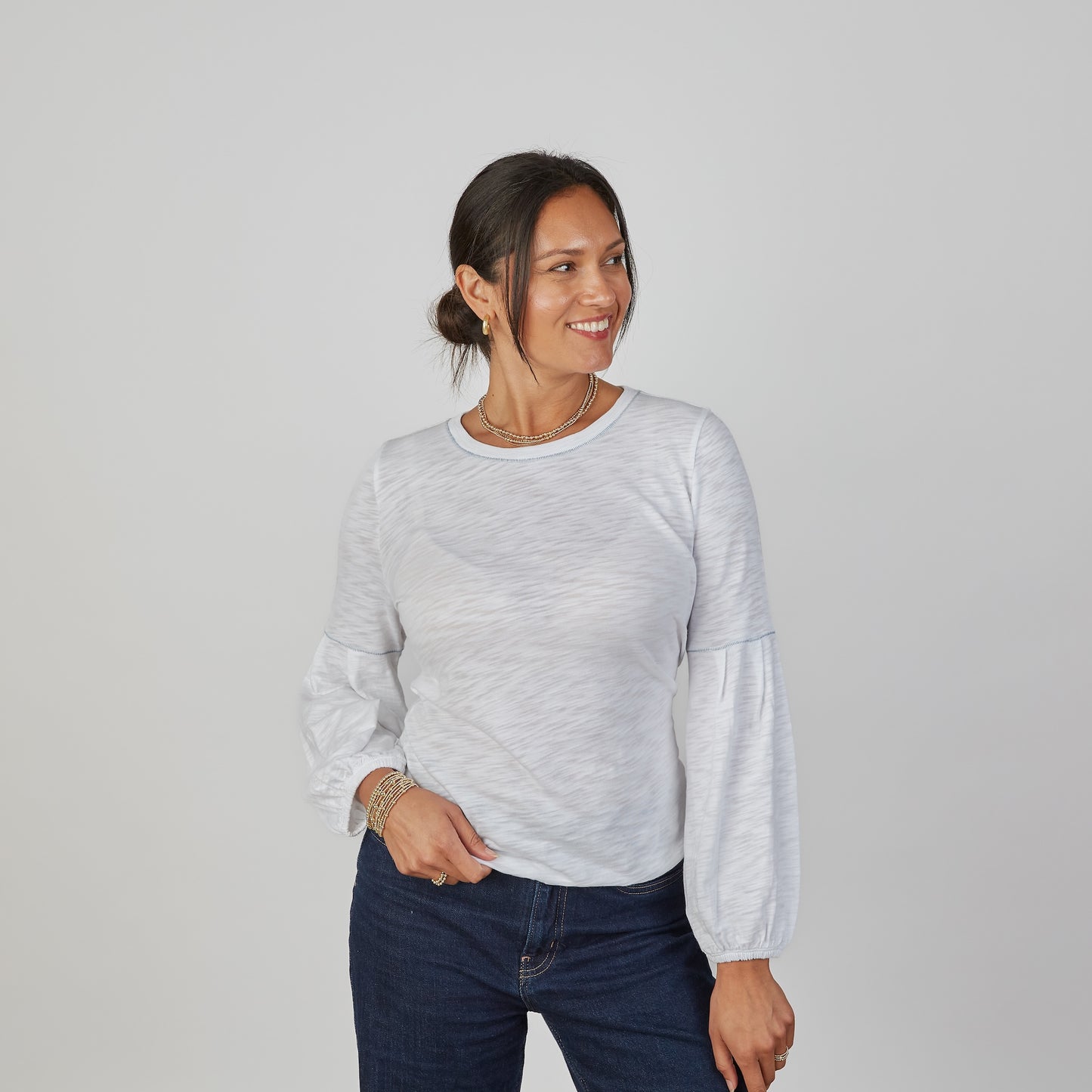 English Popover Top in White - Long Sleeve erin gray