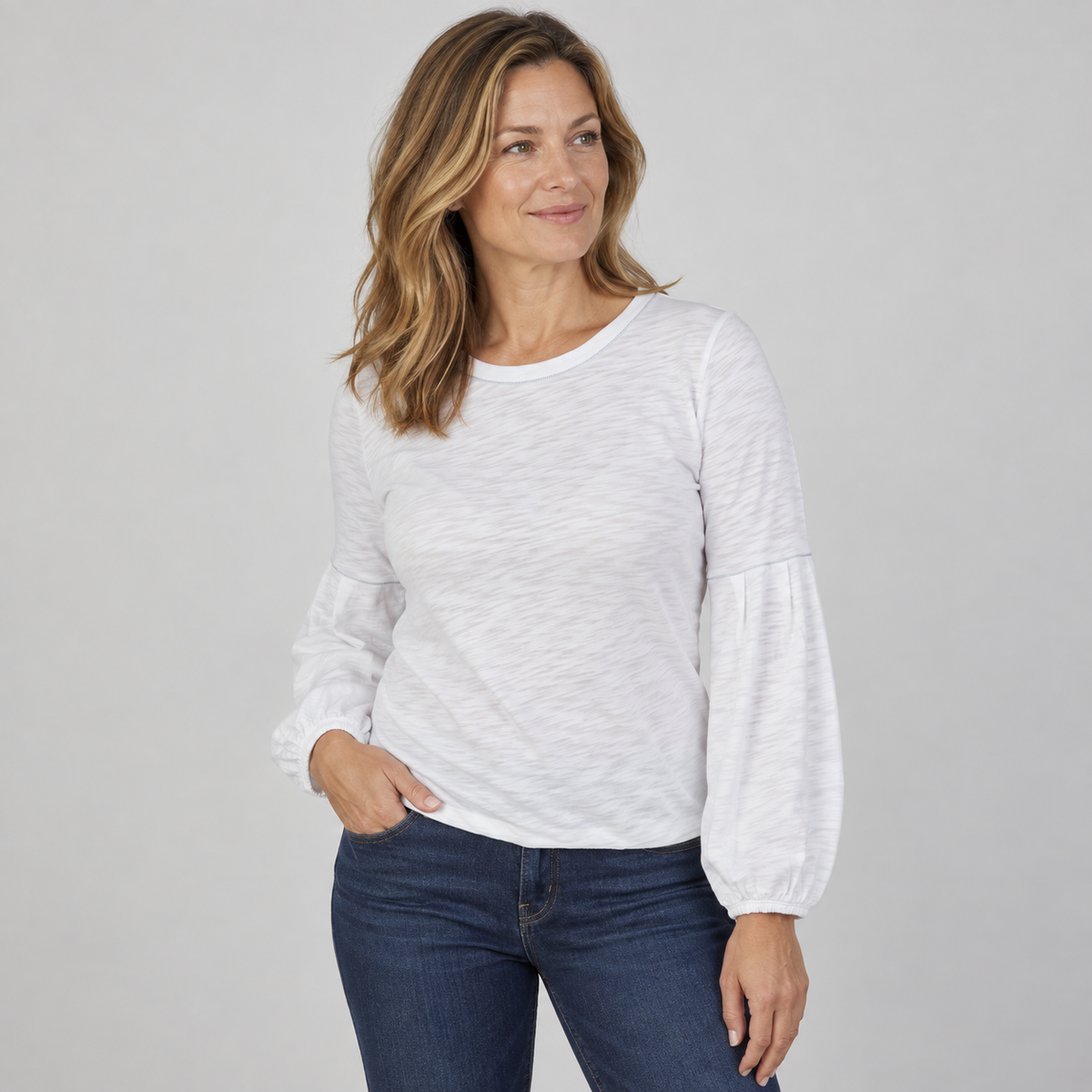 English Popover Top in White - Long Sleeve erin gray