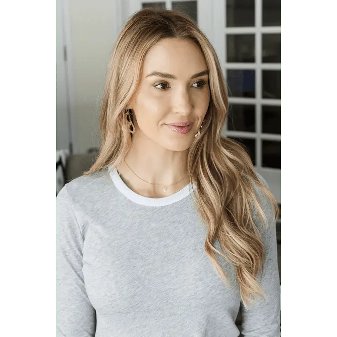 Light heathered gray long sleeve tee by erin gray, Harlowe tailored design, soft fabric, close-up of the fitted casual apparel.