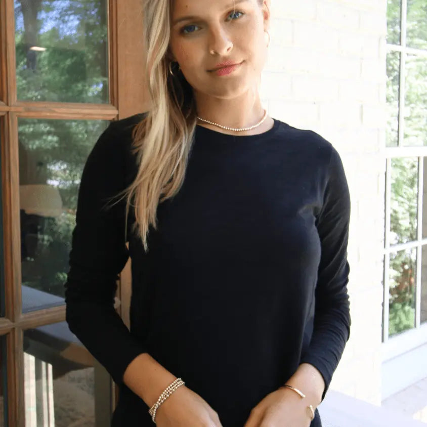 Black long sleeve jeans crew top by Erin Gray in soft Pima cotton slub fabric, casual and comfortable apparel.
