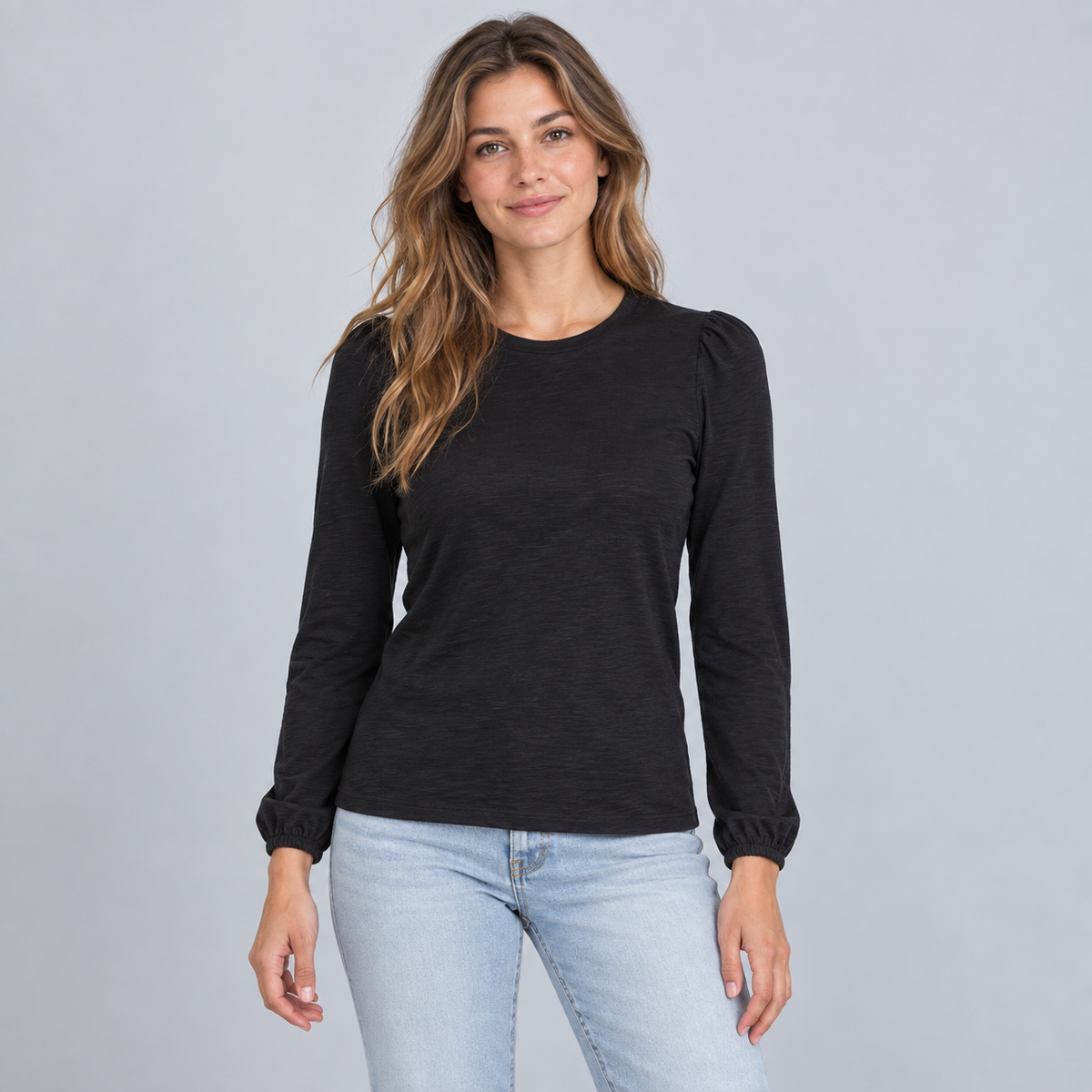 Joanie Subtle Puff Long Sleeve Tee w/Elastic Cuff in Black erin gray