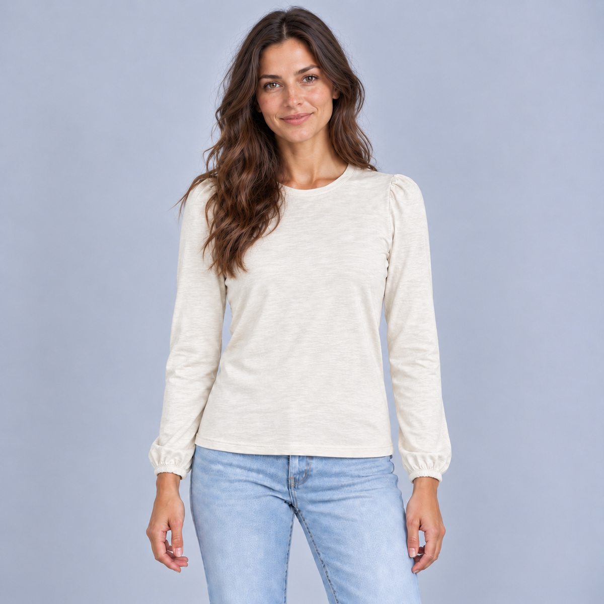 Joanie Subtle Puff Long Sleeve Tee w/Elastic Cuff in Ivory erin gray