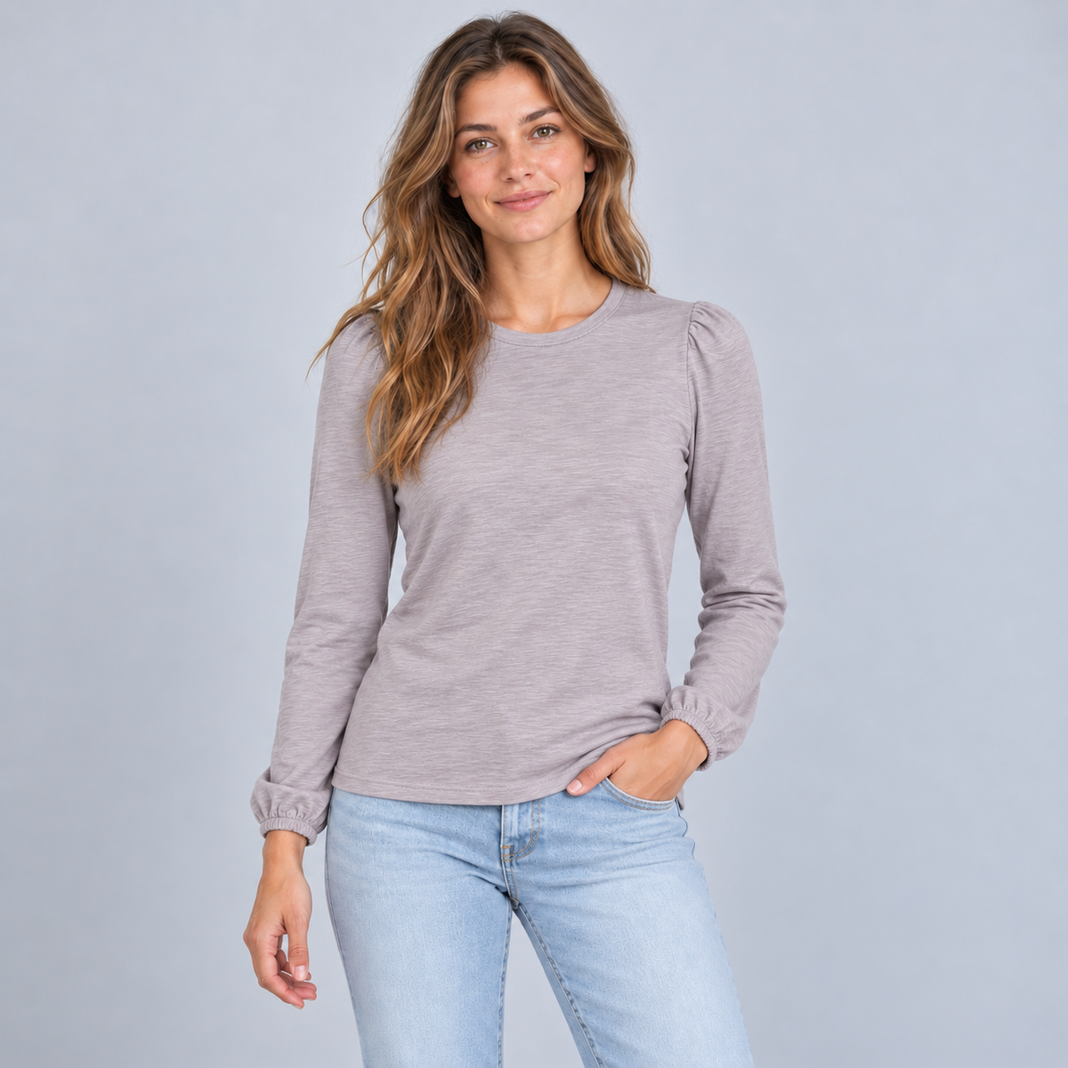 Joanie Subtle Puff Long Sleeve Tee w/Elastic Cuff in Dusty Lilac erin gray
