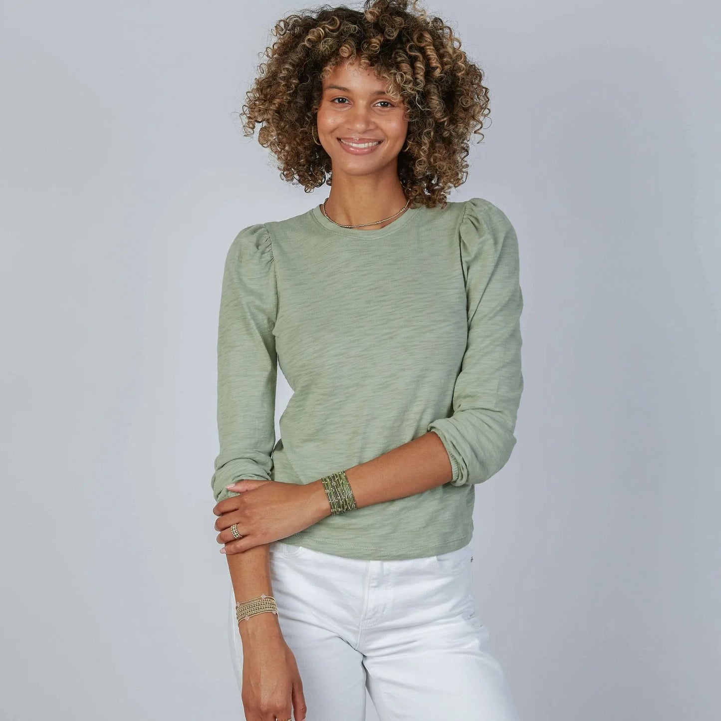 erin gray Joanie Subtle Puff Long Sleeve Tee in sage with elastic cuffs, soft knit fabric, and relaxed fit.
