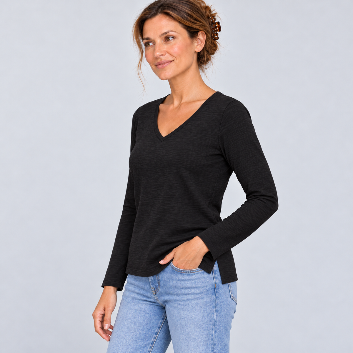 Long Sleeve Jeans V in Black Pima Cotton Slub erin gray