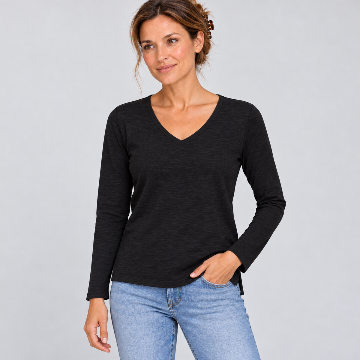 Long Sleeve Jeans V in Black Pima Cotton Slub erin gray