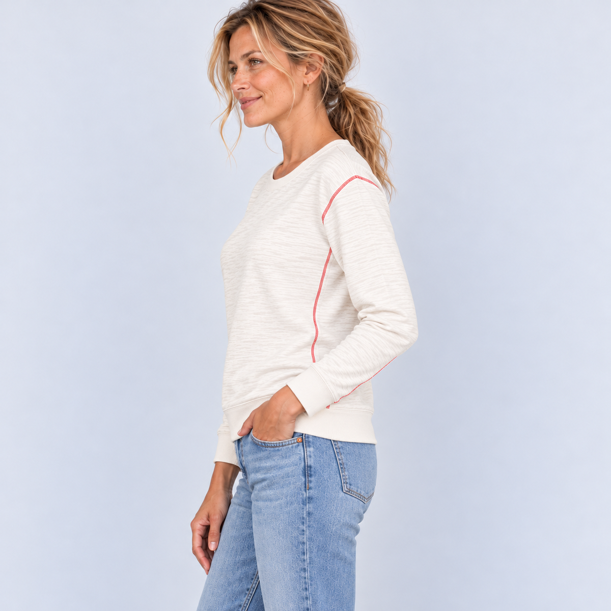 Riviera Slub Tee in Ivory with Red Stitch - Long Sleeve erin gray