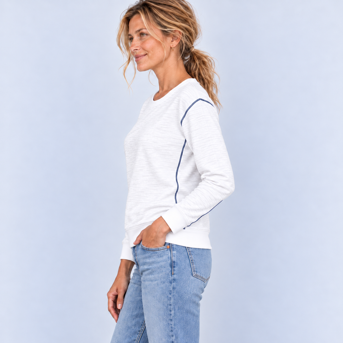 Riviera Slub Tee in White with Navy Stitch erin gray