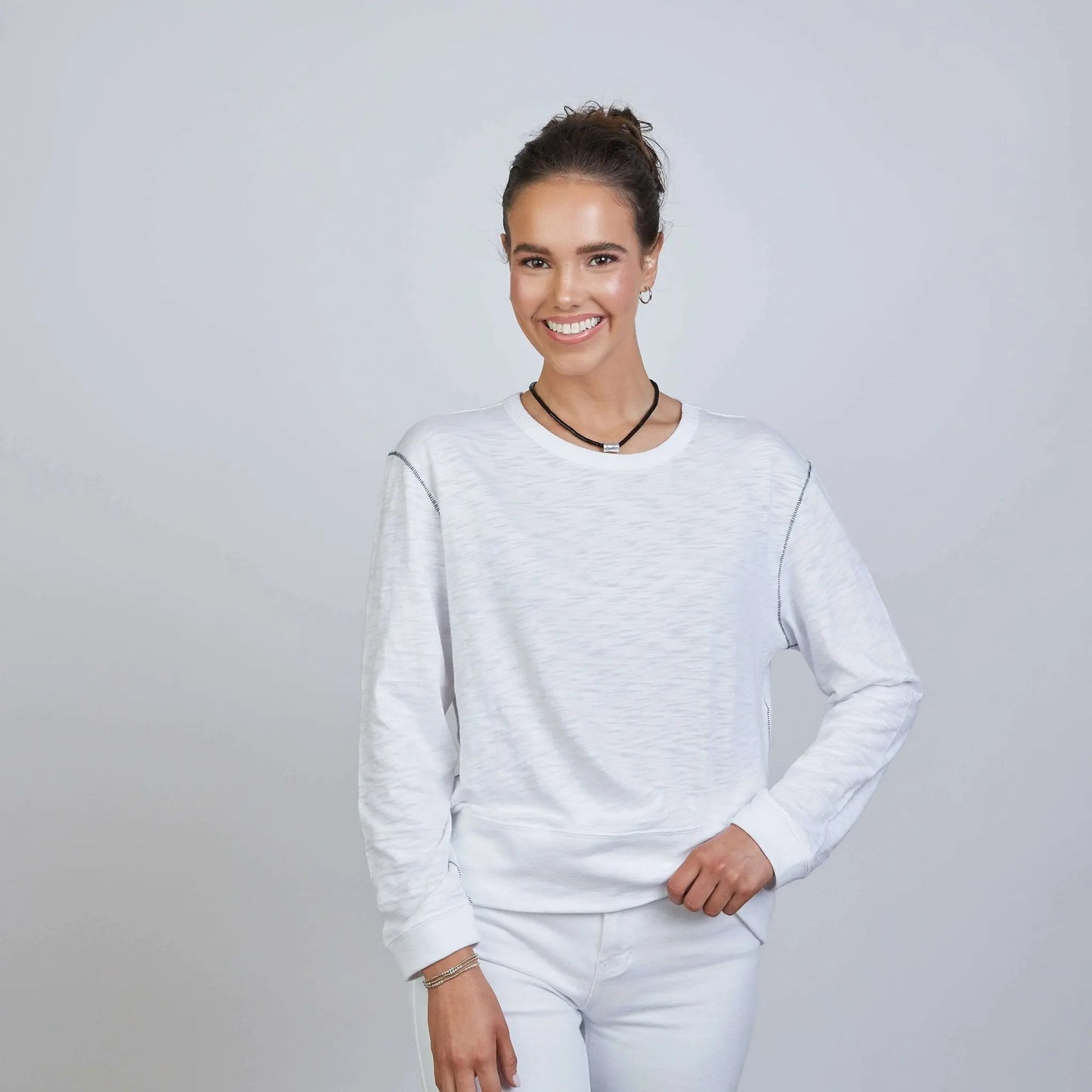 White Riviera Slub Tee by erin gray featuring navy stitch, casual boyfriend-style apparel with relaxed fit and textured fabric.