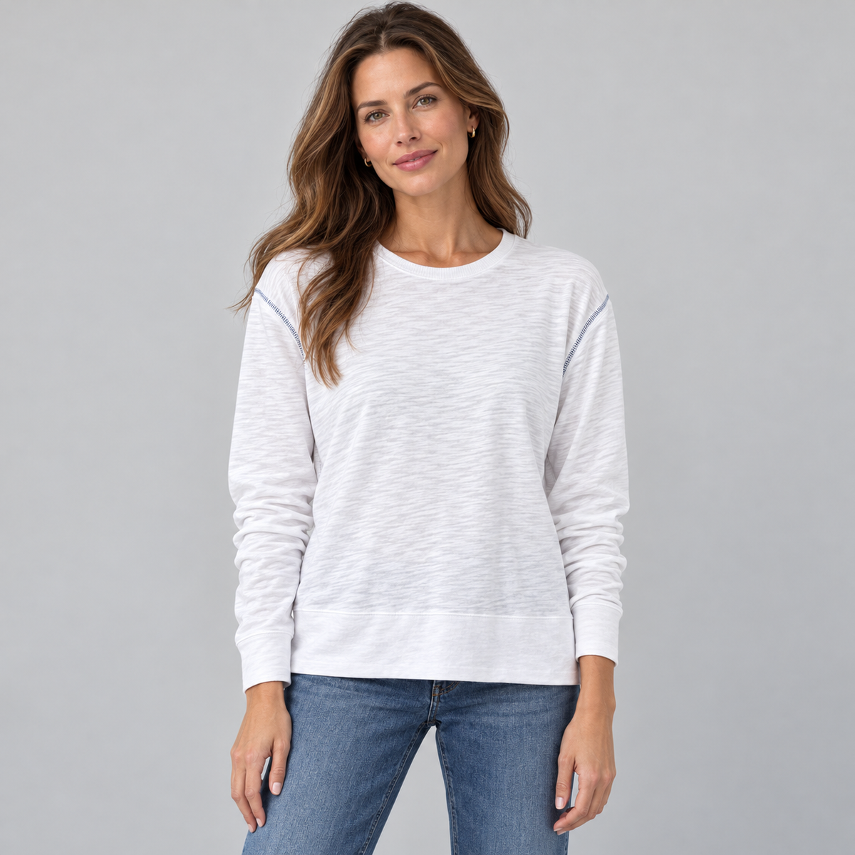 Riviera Slub Tee in White with Blue Stitch - Long Sleeve erin gray