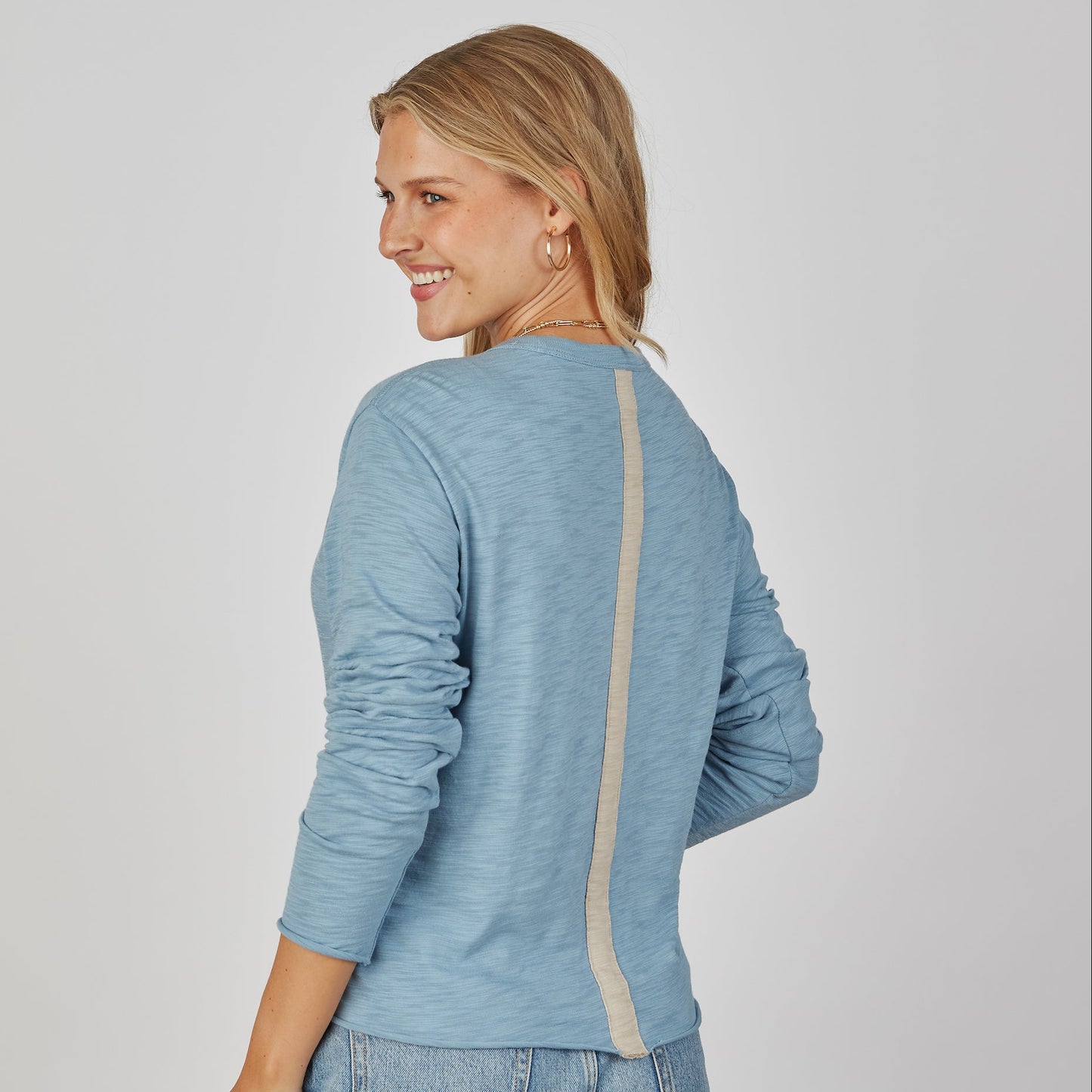 Relaxed Crew in Denim Blue with Taupe Stripe - Long Sleeve erin gray